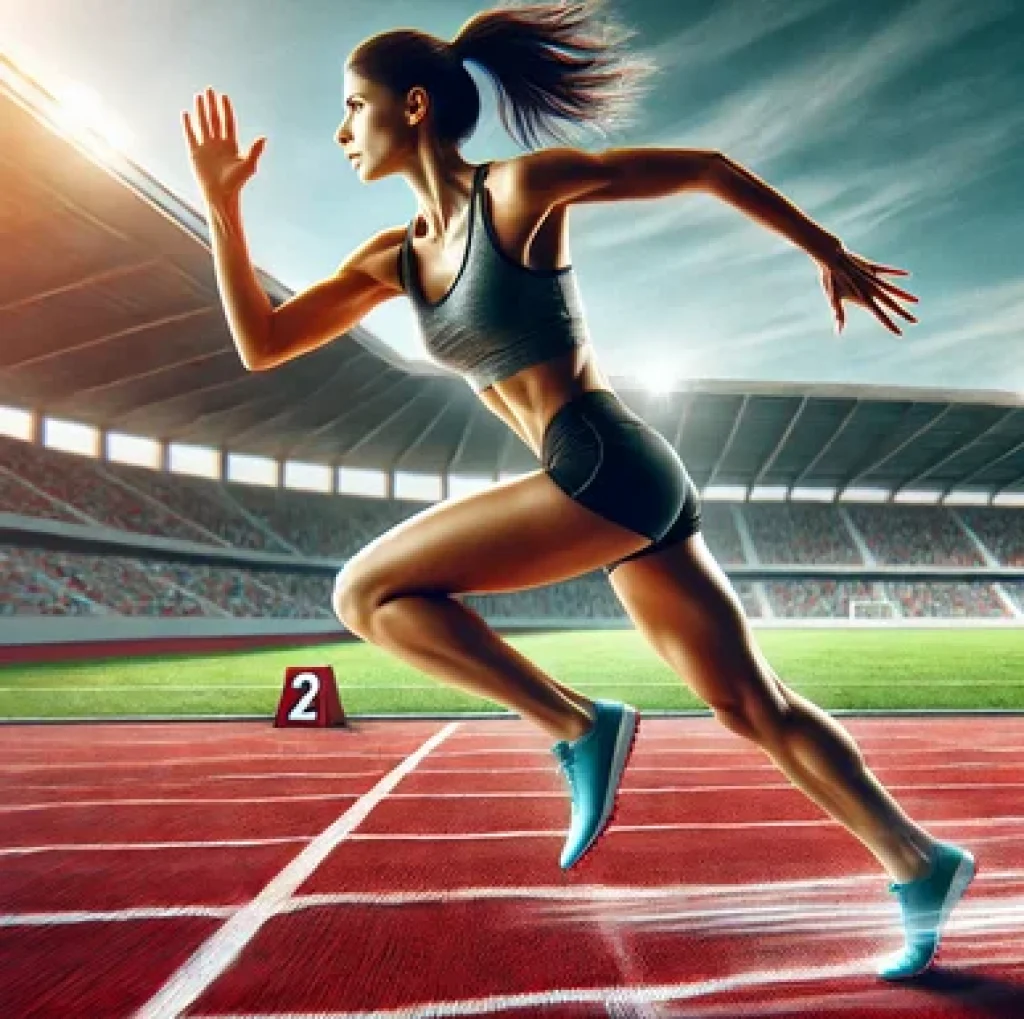 Une jeune femme court vite sur une piste d'athlétisme.