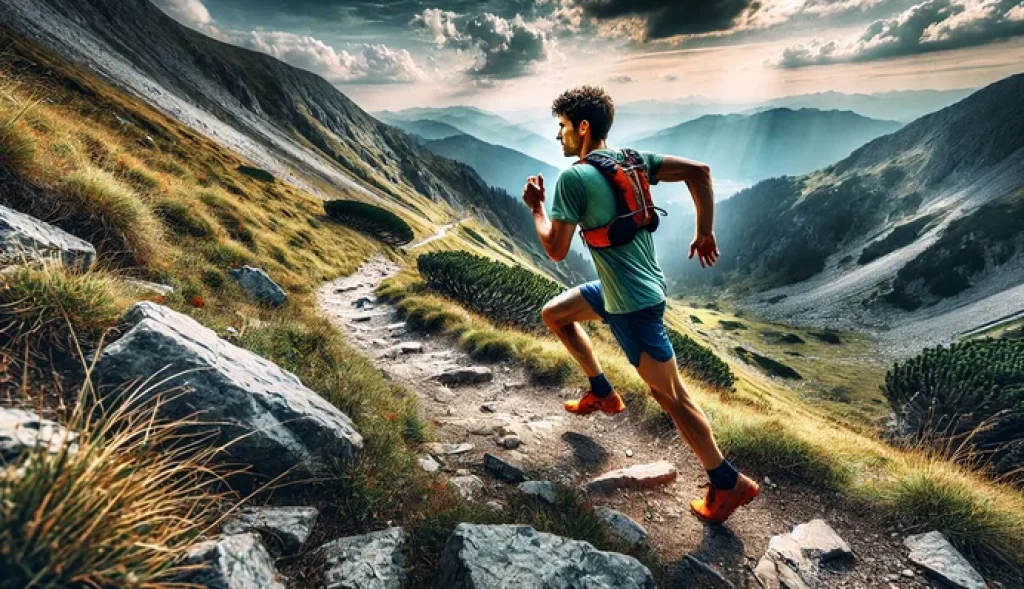 Un coureur de trail court vite sur un chemin de montagne pour progresser en vitesse.